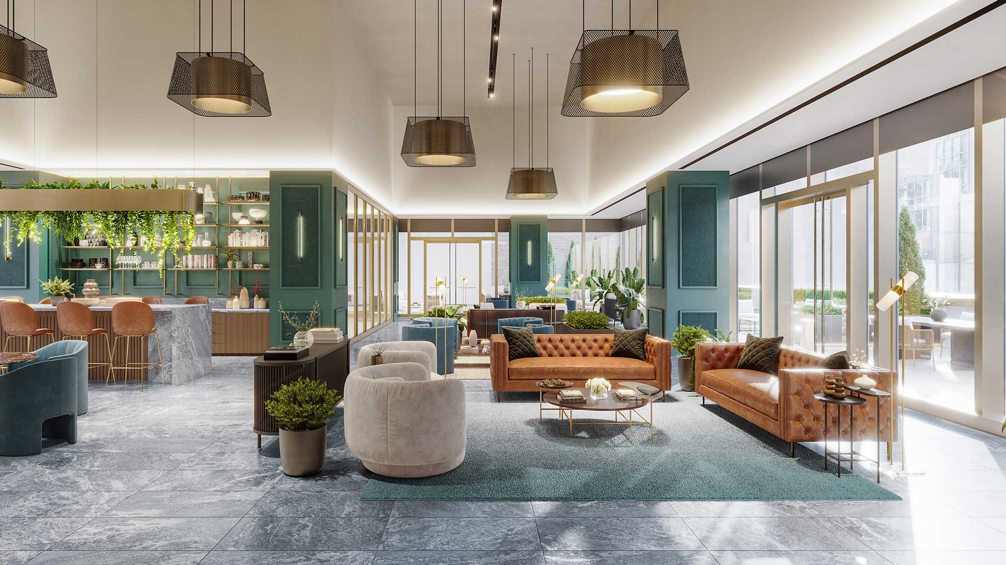 3d rendering of a beautiful office lounge with jade green details