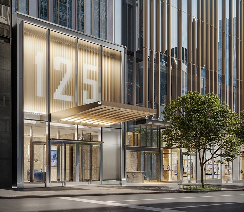 Street-side 3d rendering of a luxury office building grand entry
