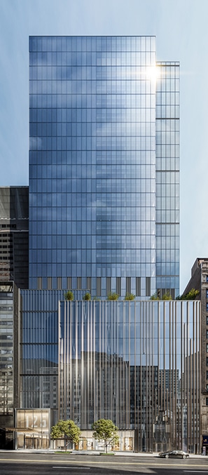 3d rendering of the exterior of a striking glass office building