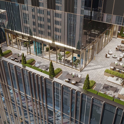 3d rendering of a designer amenity terrace with a lot of seating